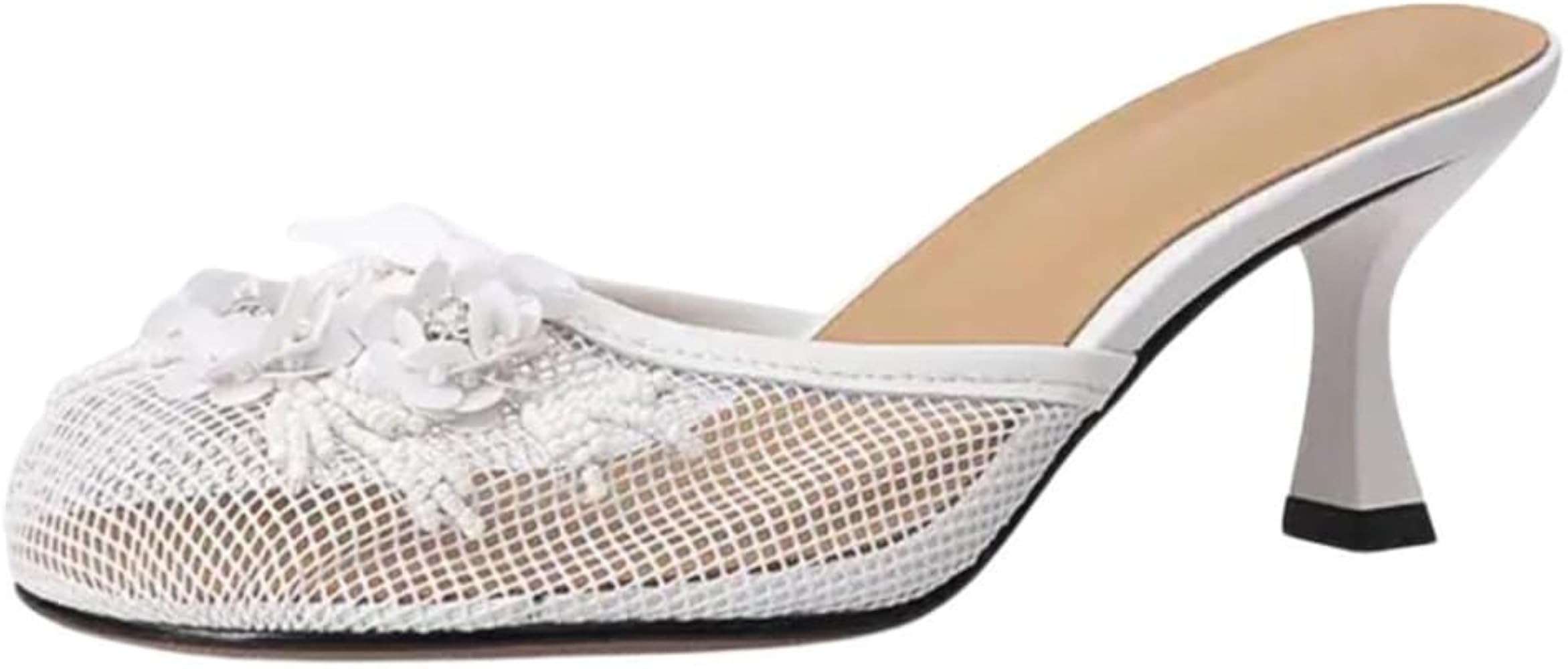 Goolita Summer Flower Beaded Mesh Mule Heels For Women, Closed Round Toe Slingback Kitten Heels B... | Amazon (US)