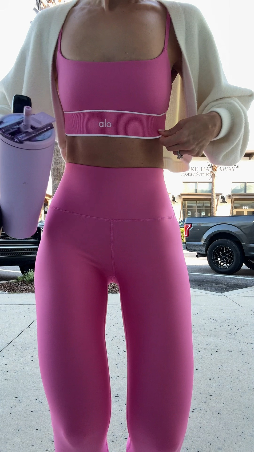 New matching set from Alo! 7/8 high waist airlift leggings (great compression) in XXS. Alo sports bra with adjustable straps in XXS. Tory Burch jelly buckle slides - whole sizes only so I did a 7 and am usually a 6.5.

#LTKfitnessgoals #LTKActive #LTKootd
