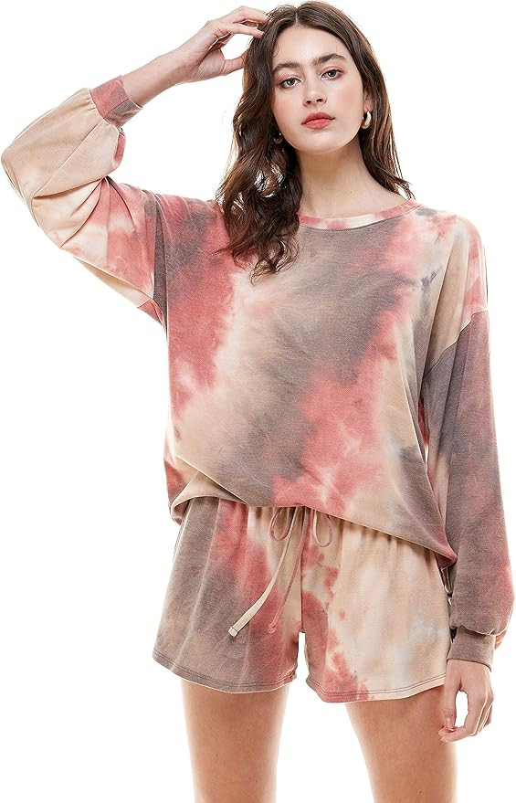 MINT PLUS PINK Women Tie Dye Print Pajama Long Sleeve Shirt Elastic Shorts Pant Set Loungewear wi... | Amazon (US)