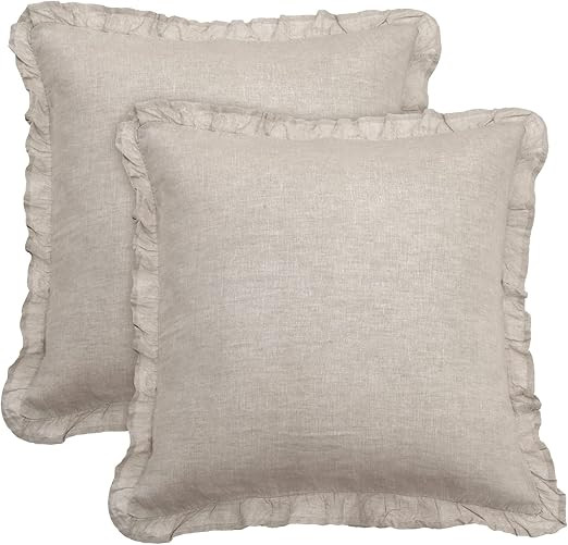 PHF 100% Linen Euro Sham with Ruffle, 26" X 26", Set of 2, No Insert, Washed Soft French Flax Eur... | Amazon (US)