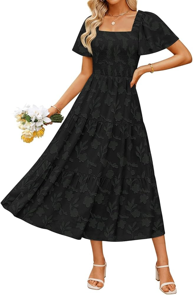 Women‘s Summer Boho Floral Midi Dress 2026 Casual Short Sleeve Square Neck Flowy Beach Vacation... | Amazon (US)