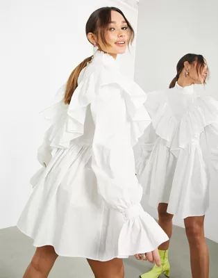 ASOS EDITION high neck ruffle mini dress with oversized cuff in white | ASOS | ASOS (Global)