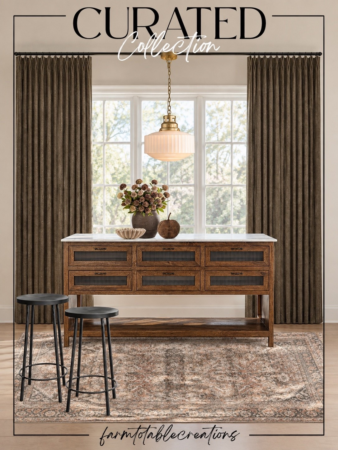 Curated Kitchen Finds. A warm, collected mix of pieces to give your kitchen that cozy, curated look. I love the rich wood kitchen island paired with the vintage-inspired rug, dark curtains, pendant lighting and simple decorative accents. Such an easy way to bring warmth and character into the heart of your home!

#KitchenDecor #KitchenIsland #KitchenInspo #HomeDecor #CuratedHome #ModernOrganicHome #AreaRug #PendantLighting #BarStools #WindowTreatments #CozyKitchen #NeutralHome

#LTKHome #LTKSaleAlert #LTKSeasonal