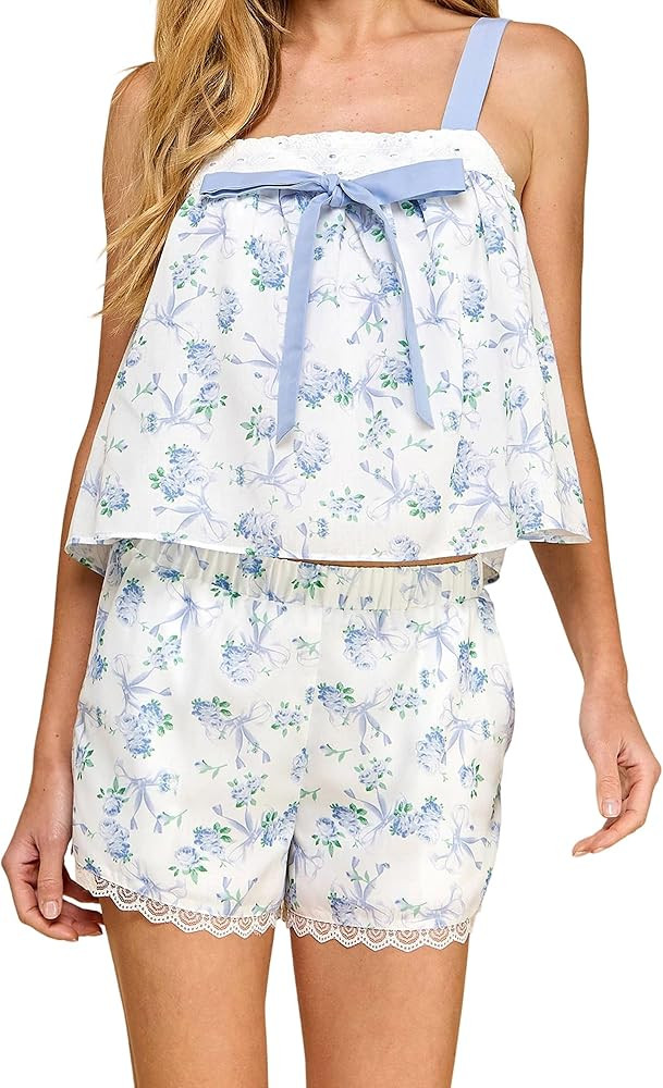Womens Cami Pajama Sets 2 Piece Cute Bow Print Sleeveless Ruffle Cami Top and Shorts Pj Set Y2K L... | Amazon (US)