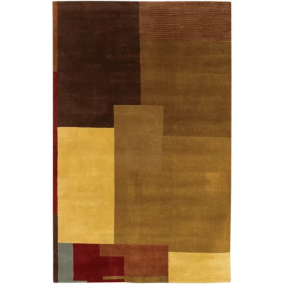 Caines Authentic Hand-Knotted Handmade Brown, Gold & Red Modern Cubist Color Block Wool Area Rug | Wayfair North America