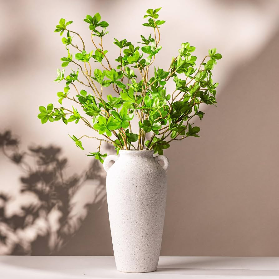 12 Inch Tall White Ceramic Vase, with 5 Branches of 25 Inch Faux Artificial Vibrant Greenery Stem... | Amazon (US)