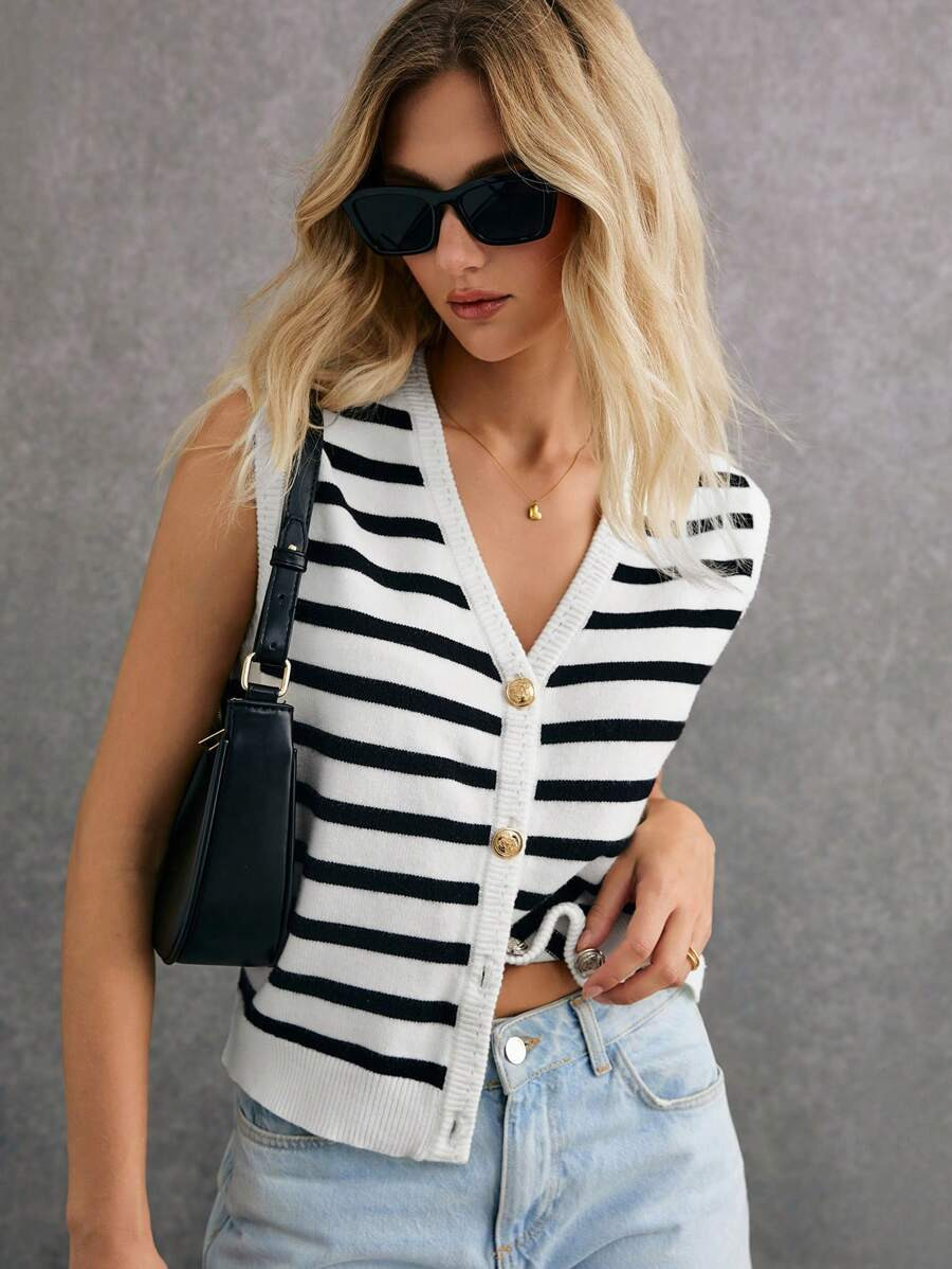 Poéselle Women Casual Striped Pattern Sleeveless Cardigan Sweater Winter Women Outfits Women Car... | SHEIN