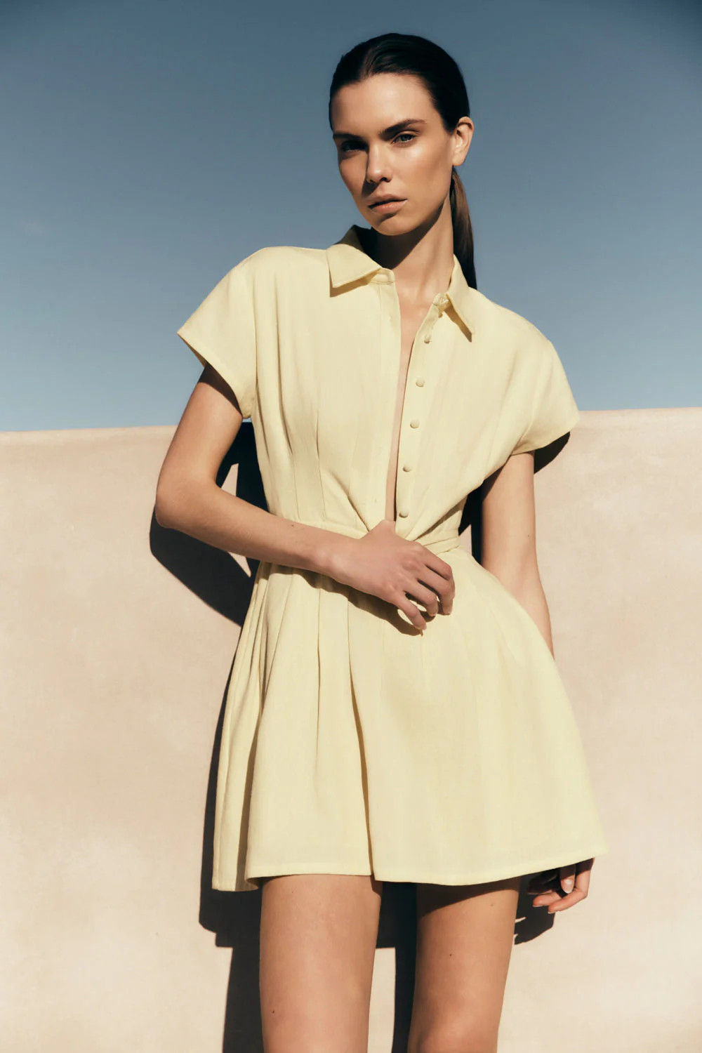 Aysha Buttoned Linen Mini Dress - Lemon | MESHKI US