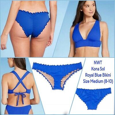 Shade & Shore Women's Triangle Ribbed Bikini blue Top & Ruffle Bottom NWT M 8-10 | eBay US