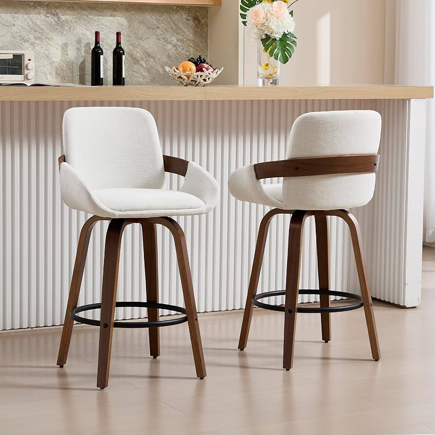 Beige Fabric Swivel Bar Stools with Back, Walnut Bentwood Mid-Century Design, Modern Set of 2 Bar... | Amazon (US)
