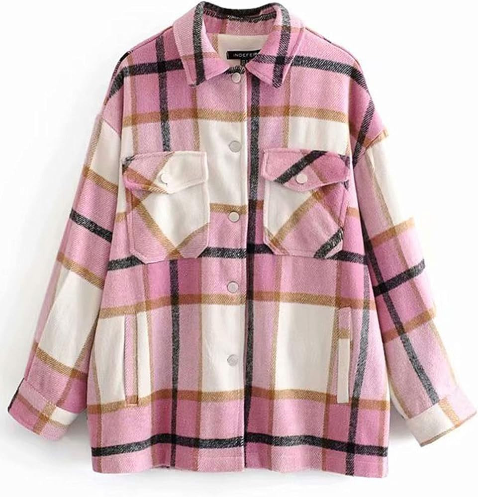 Tanming Womens Wool Blend Plaid Lapel Button Short Pocketed Shacket Shirts Coats | Amazon (US)