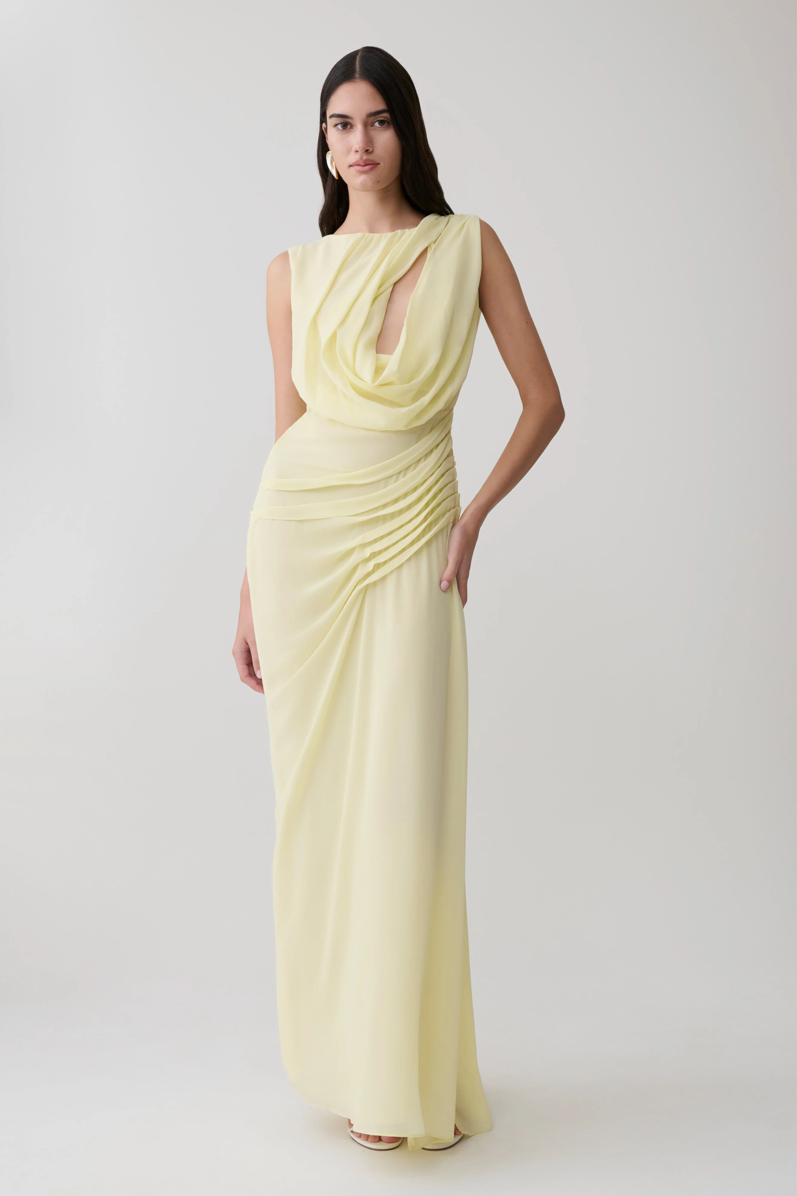 Oria Chiffon Maxi Dress - Pastel Lemon | Meshki UK