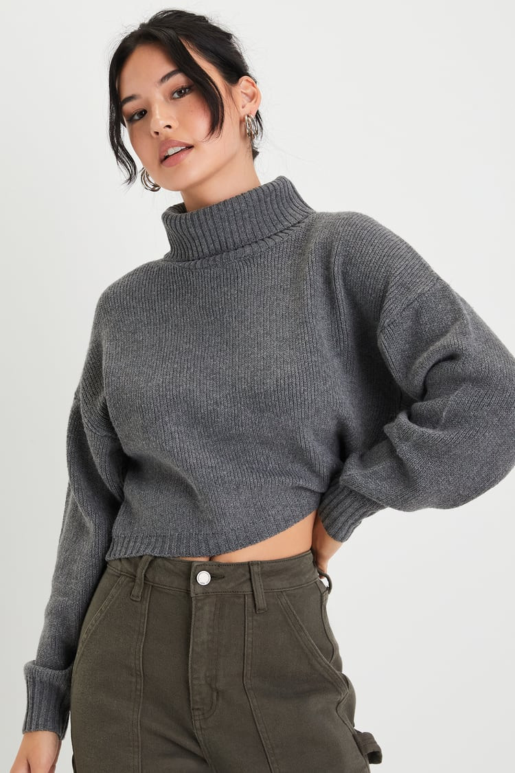Comfy Intentions Dark Grey Turtleneck Cropped Pullover Sweater | Lulus (US)