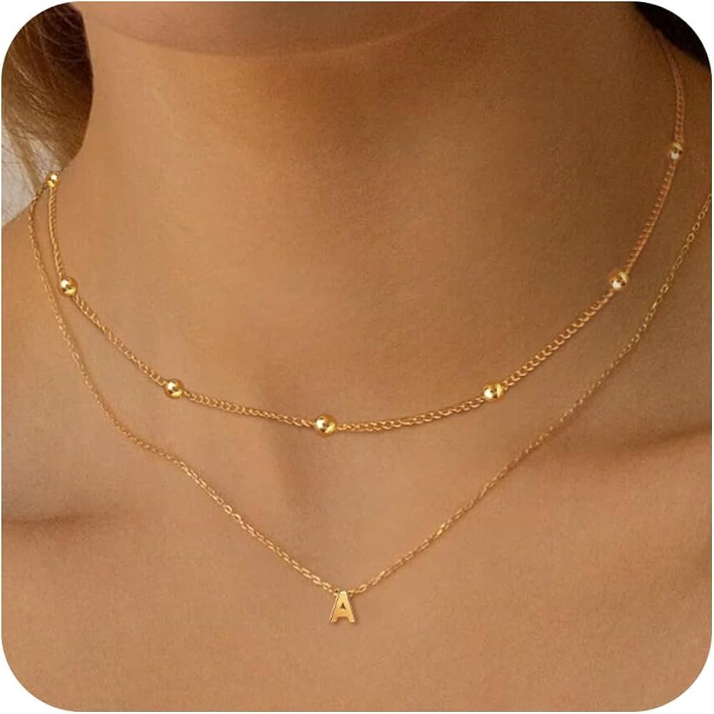 Poxtex Layered Initial Choker Necklaces for Women, 14K Gold Letter Pendant Layering necklace 26 C... | Amazon (US)