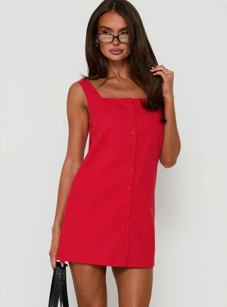 Tassia Square Neck Button Front Mini Dress Red | Princess Polly US
