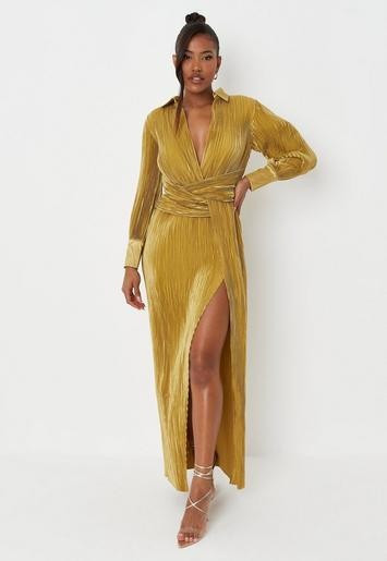 Missguided - Carli Bybel x Missguided Chartruese Satin Plisse Twist Front Midaxi Dress | Missguided (US & CA)