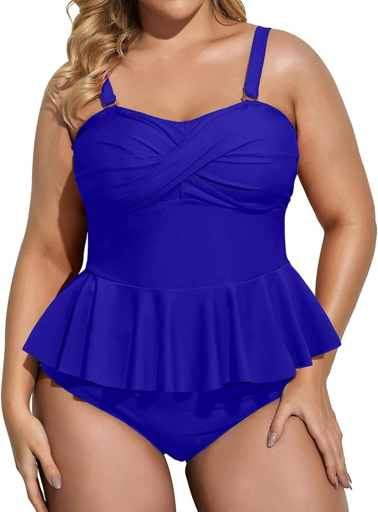 Daci Women Two Piece Plus Size Tankini with Short Twist Front Peplum Tops High Waisted Tummy Control | Amazon (US)