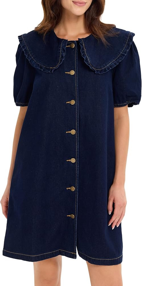 Women's Denim Mini Dress Peter Pan Collar Short Puff Sleeve Summer Button Down Shift Jean Short D... | Amazon (US)