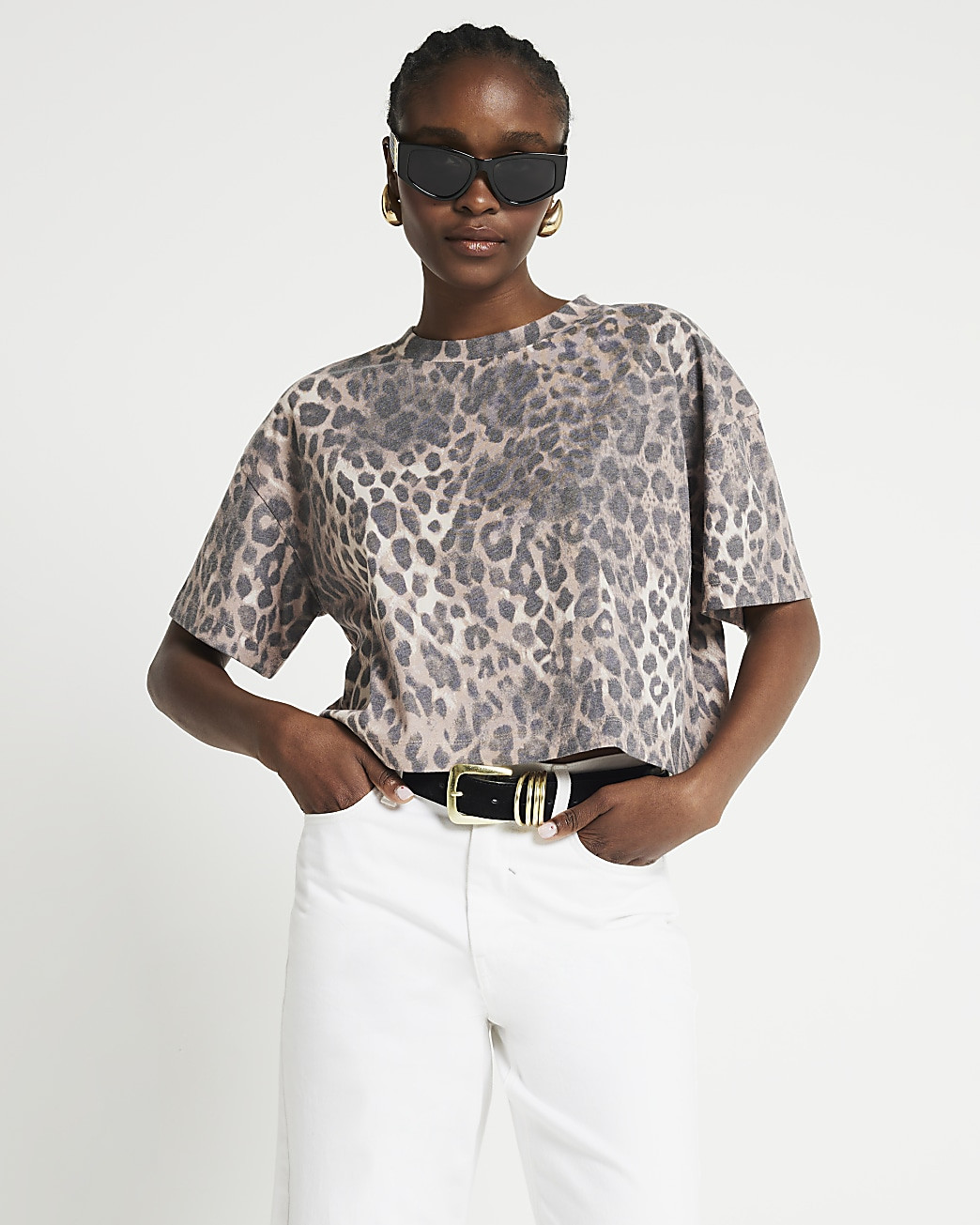 Brown Cropped Leopard Print T-Shirt | River Island (UK & IE)