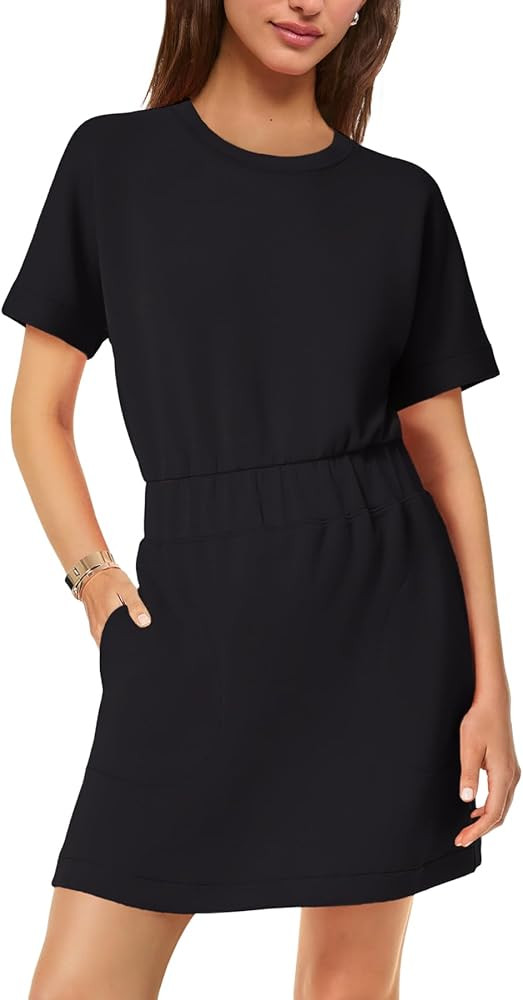 SENSERISE Womens Short Sleeve T Shirt Dresses Crew Neck Solid Color Basic Smocked Waist Dress wit... | Amazon (US)