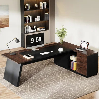 78.7 Inch L-Shaped Executive Desk With File Cabinet And Drawers, Large Modern Home Office Workstation | Wayfair North America