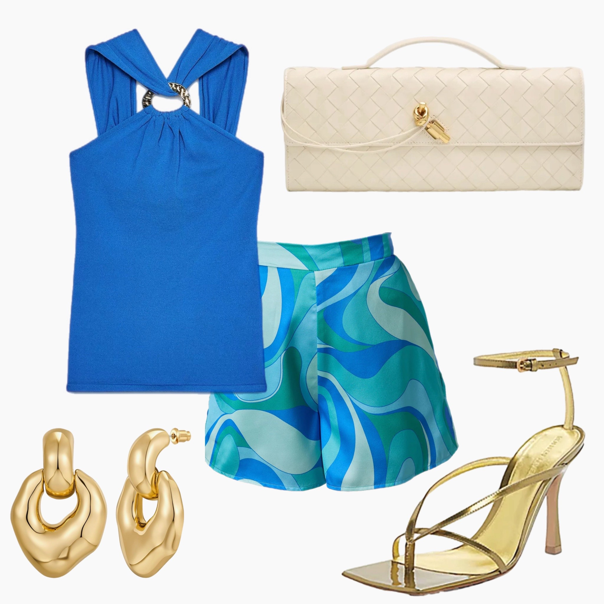 Serving ocean energy in the boldest blue 💙 This chain-detail halter top and swirl print shorts are giving retro glam with a modern twist. Perfect for a sunset dinner or summer soirée by the sea. #CoastalChic #SummerSet #BlueCrush #ResortStyle #EveningLook #LTKUnderTheSun #RetroInspired #VacationFashion #puccidupe #pucci 

#LTKFindsUnder100 #LTKShoeCrush #LTKItBag