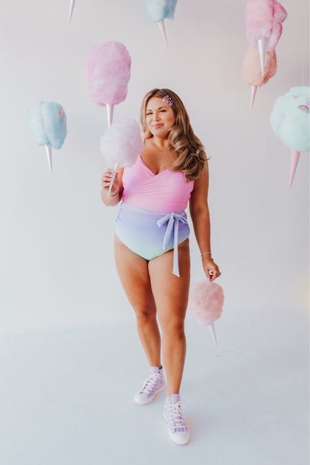 the Sarah Wrap one piece swimsuit in Cotton Candy Ombré! wearing size xl. size UP, this suit is running small  

#LTKcurves #LTKswim #LTKSeasonal