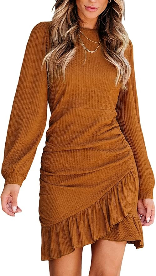 CUPSHE Women Knit Ruched Fall Dress Smocked Ruffle Hem Crew Neck Long Sleeve Bodycon Sexy Casual ... | Amazon (US)