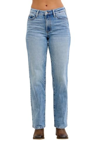 Judy Blue Women's Mid Rise Rigid Magic Clean Classic Straight Leg Jeans (Medium Blue, 13 Petite) | Amazon (US)