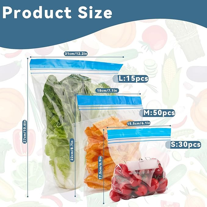 95 Pack Food Storage Freezer Bags, Reusable Sandwich Bags,3 Sizes Seal Food Bags,BPA Free,Leakpro... | Amazon (UK)