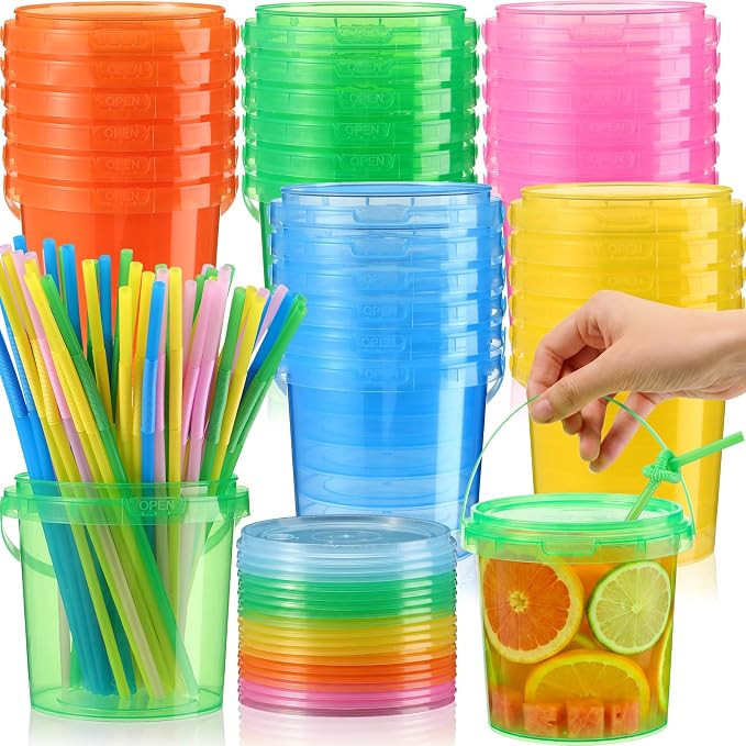 Funnymoom 30 Pcs 34Oz Plastic Drink Buckets with Lids and Straws Disposable Neon Rum Buckets with... | Amazon (US)