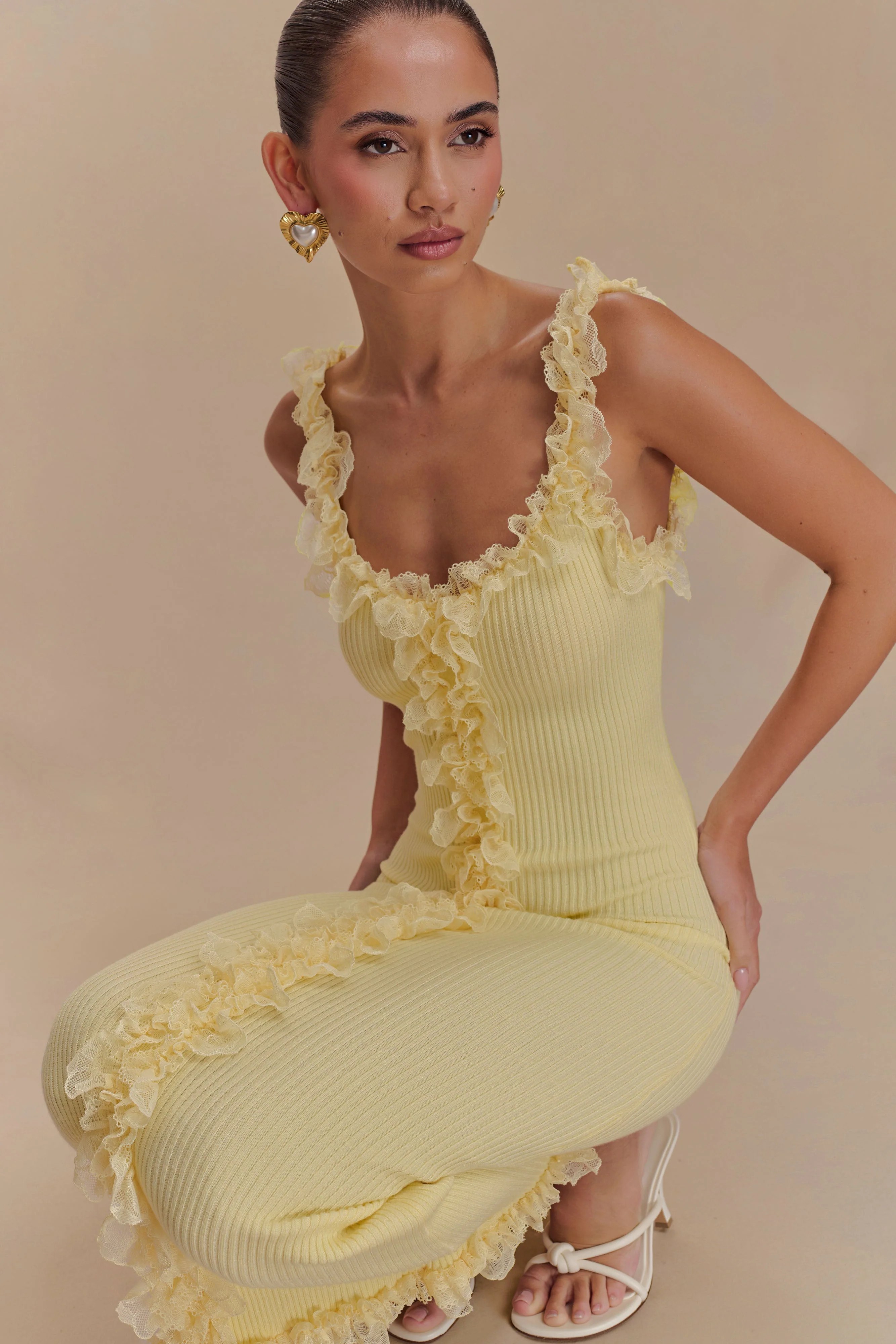 Shay Lace Ruffle Knit Midi Dress - Lemon | MESHKI US