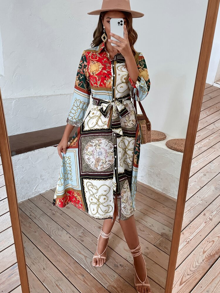 Scarf Print Shirt Dress With Belt | SHEIN