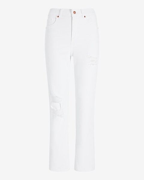 High Waisted White Ripped Straight Ankle Jeans | Express