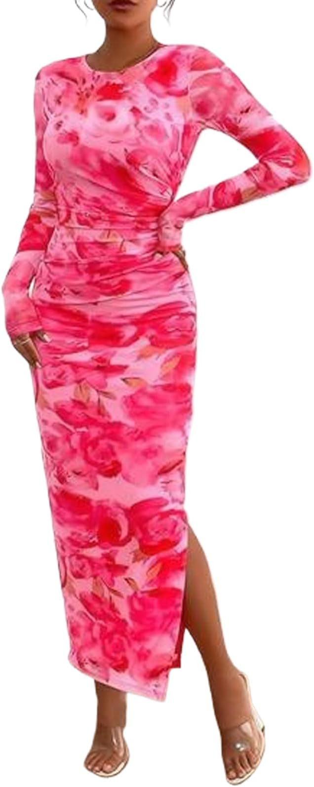 Women's Printed Bodycon Dress Elegant Long Sleeve Maxi Dress Casual Fall Tie Dye Ruched Split Mid... | Amazon (US)