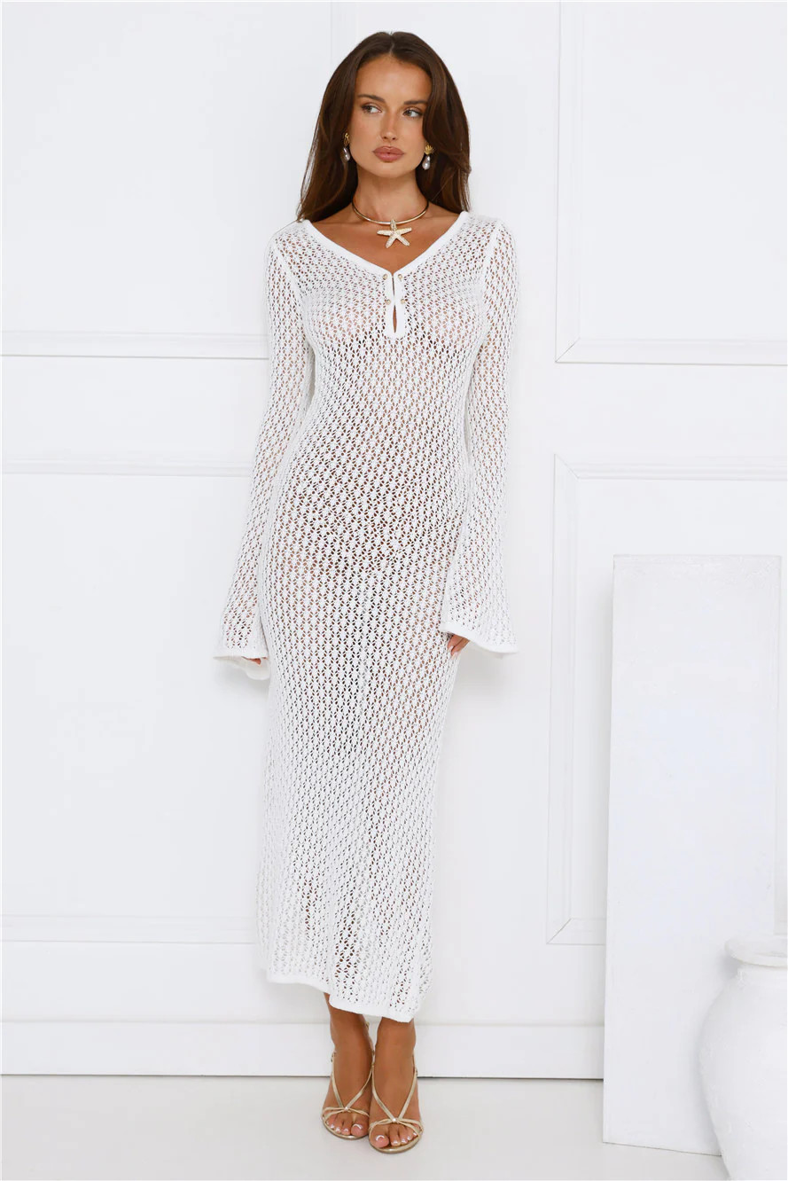 Sailing Into Sunset Knit Long Sleeve Maxi Dress White | Hello Molly (US)