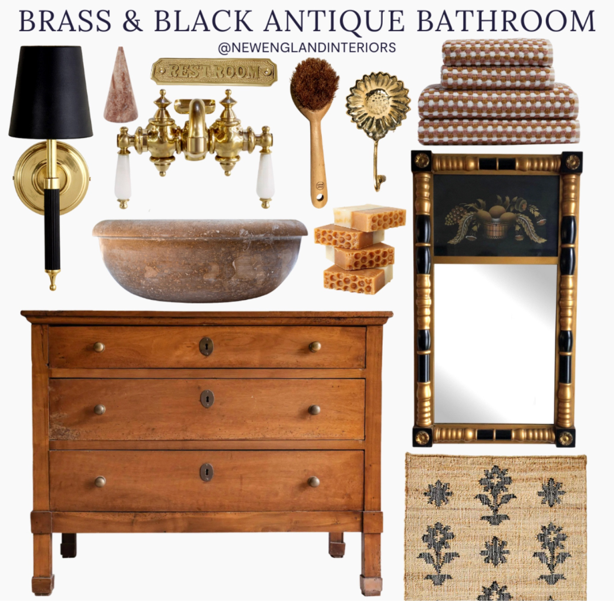 New England Interiors • Brass & Black Antique Bathroom • Mirror, Bath Accessories, Lighting, Rug, Faucet, Sink, Dresser. 🤎🫧

TO SHOP: Click the link in bio or copy and paste link in web browser 

#newengland #bathroomreno #bathroominspo #antique #brass 
#home

#LTKhome #LTKFind