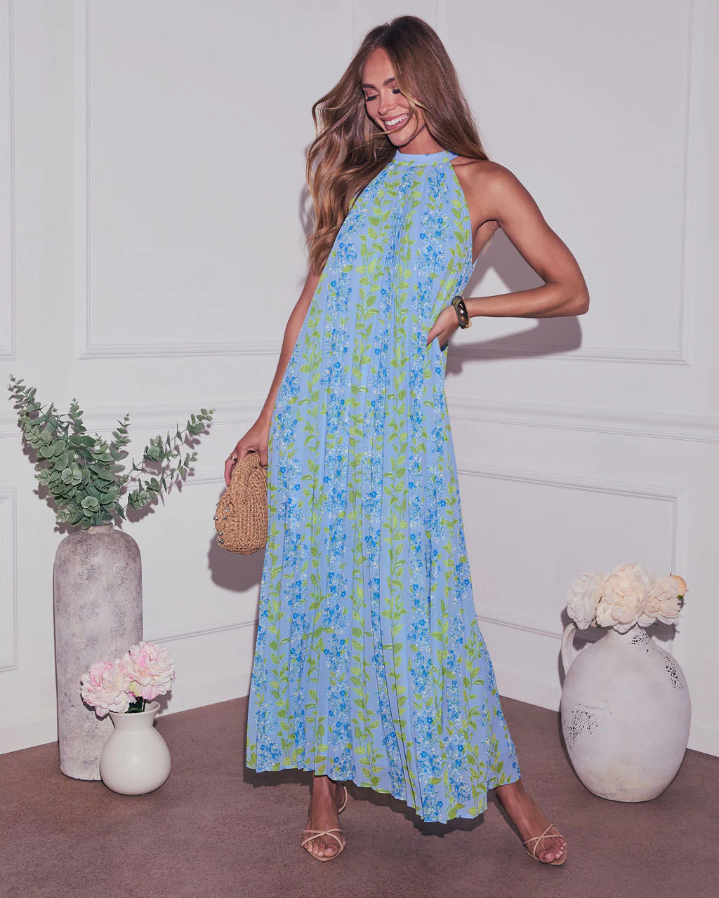 Vaughn Floral Pleated Halter Maxi Dress | VICI