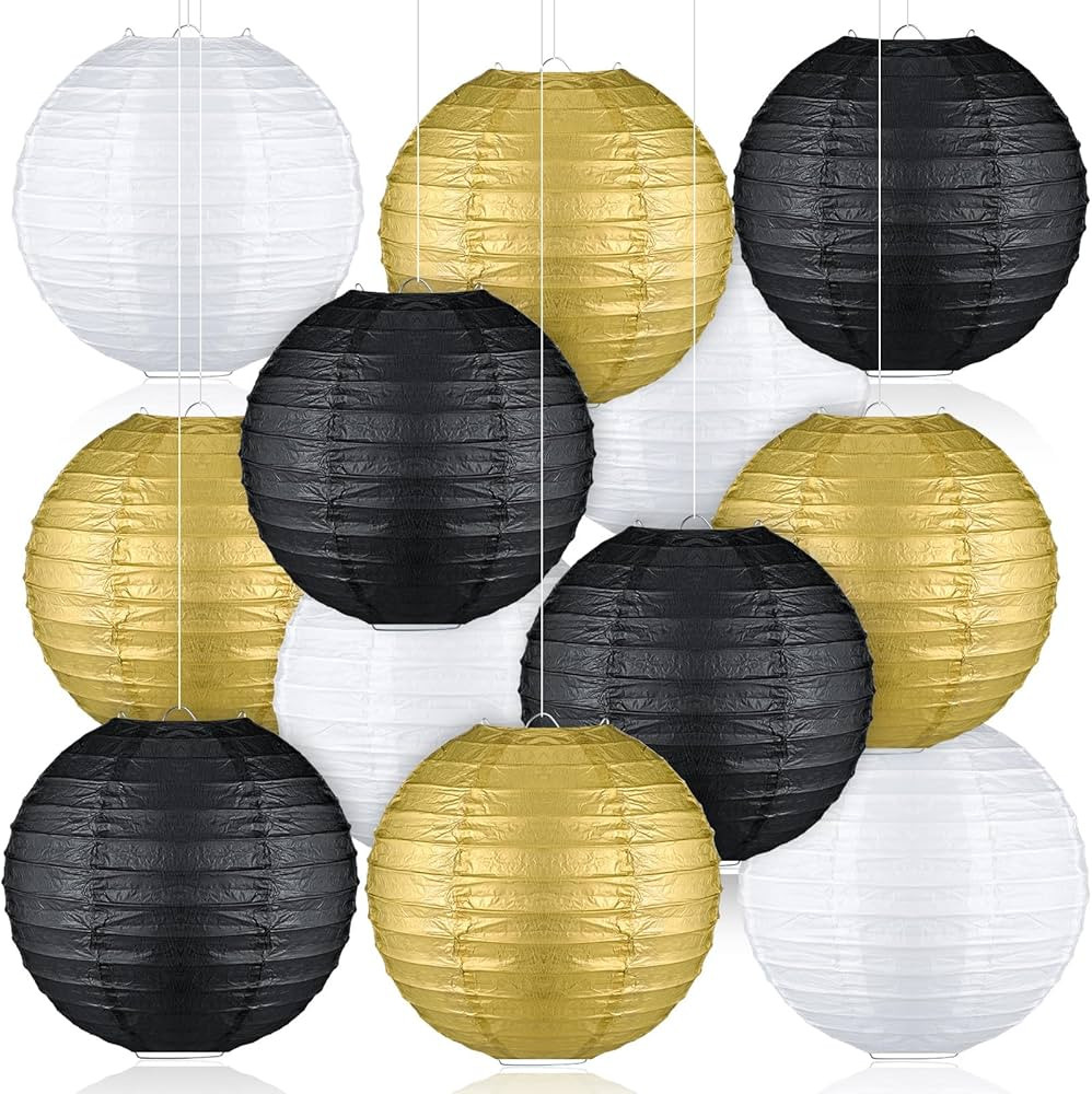 Panelee 12 Pcs Black Gold White Paper Lantern Party Decoration 8 Inches Hanging Round Lanterns Ha... | Amazon (US)