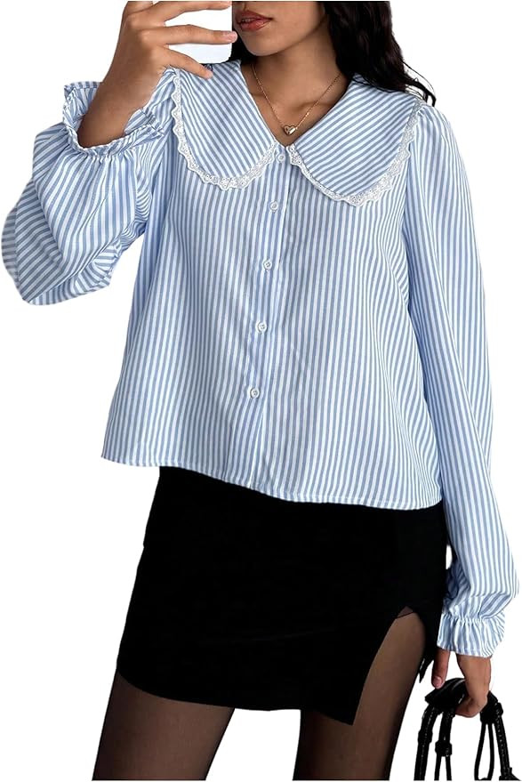 Floerns Women's Striped Button Down Blouse Long Sleeve Loose Fit Preppy Shirt | Amazon (US)