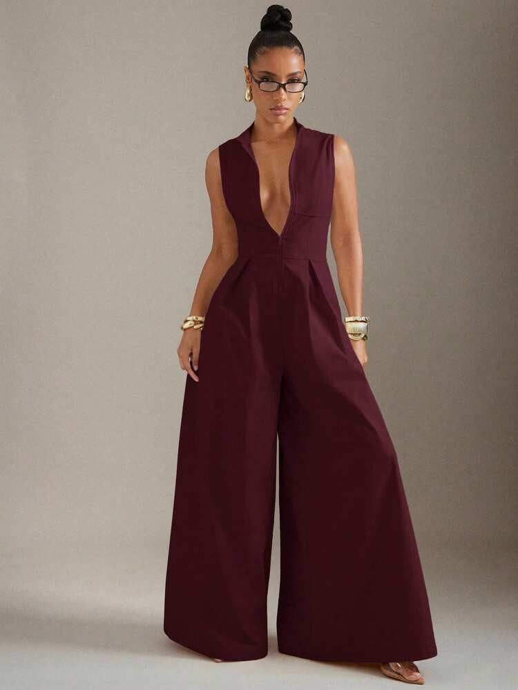 Hauture Extreme Wide Leg Zip Front Sleeveless Jumpsuit | SHEIN