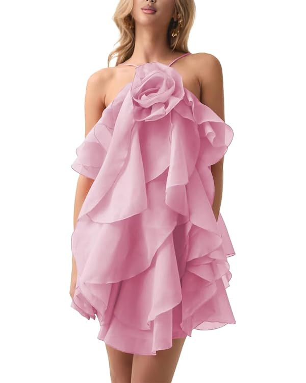 3D Flower Ruffles Homecoming Dresses Halter Short Prom Dress Tiered Cocktail Party Gown | Amazon (US)