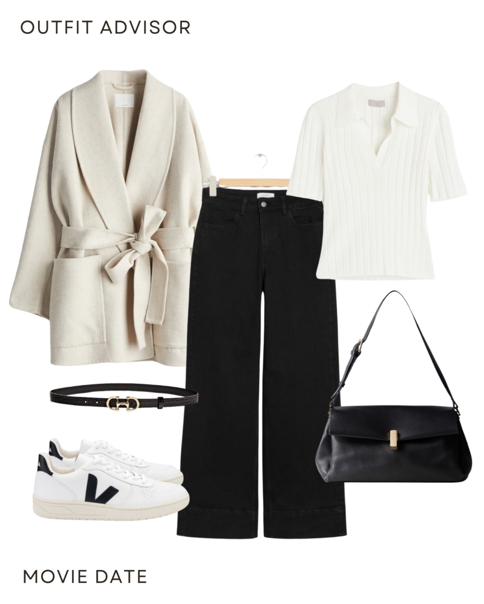 Autumn outfit idea: a belted short wool coat, a white short sleeve v neck top, black jeans, a black belt with a gold buckle, black bag and veja sneakers 

#LTKstyletip #FashionMonth #LTKbag