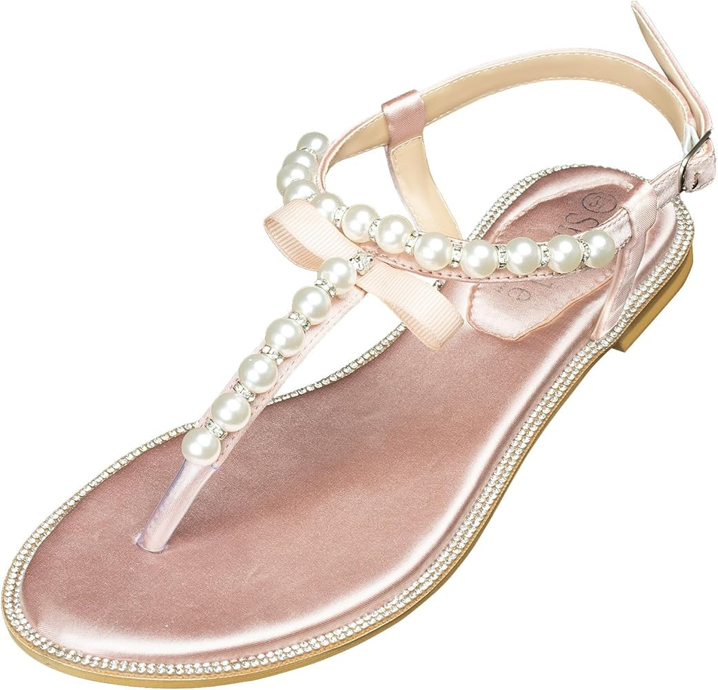 SheSole Women's Pearl T-Strap Bridal White Flat Sandals Beach Wedding Shoes | Amazon (US)
