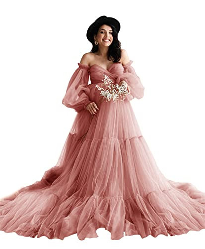 Midiluy Off Shoulder Maternity Dress for Photoshoot Maxi Tulle Baby Shower Dresses Long Formal Pregnancy Gowns Photography Dusty Rose S | Amazon (US)