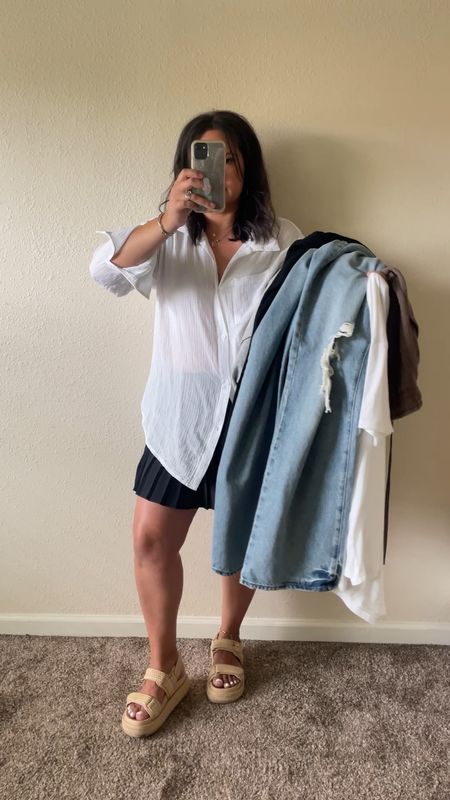 { target style ❥

• Shade & Shore Coverup Shirt Dress in White - M
• JoyLab Mini Skort in Black - M 
• wild fable Elbow Sleeve Oversized T-Shirt in White - M 
• Universal Thread Mid-Rise 90’s Baggy Jeans in Medium Wash Destroy - 10 
• Universal Thread Flutter Short Sleeve Mini Skater Dress in Green - L 
*I wear shorts underneath as it is a tad bit short. 
• JoyLab Cropped Zip-Up Hoodie in Gray - XL 
• Wild Fable High-Rise Wide Leg Baggy Cargo Sweatpants in Pewter - M 
*size down one  
• a new day Belted Midi Bandeau Dress in White / Blue Stripe - 12 
*I’m 5’5 and this falls like a maxi dress on me. 

accessories 

• YSL LouLou Small Crossbody in Quilted Leather - Black Leather / Gold 
• Steve Madden Bigmona Raffia Slingback Platform Sandal in Bone Raffia - 9.5 
*I size up one in all Steve Madden styles. 
• Nike Gamma Force Casual Sneaker in White, Phantom - 8.5 

Casual Midsize Style . Midsize Athleisure . Modern Rez Girl Aesthetic . Native American Content Creator } 

#LTKStyleTip #LTKMidsize #LTKVideo