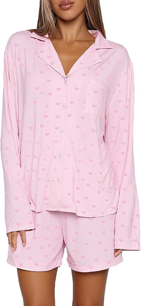 RUEWEY Women 2 Piece Pajamas Set Button up Long Sleeves Shirt and Elastic Shorts Set Loungewear S... | Amazon (US)