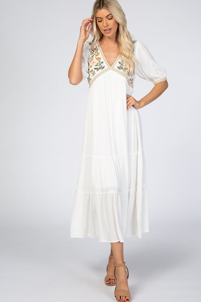 Ivory Floral Embroidered Midi Dress | PinkBlush Maternity