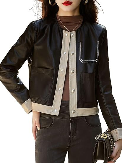 ebossy Women's Fashion Faux Leather Jacket Button Up Contrast Color Crop Moto Riding Pu Coats | Amazon (US)