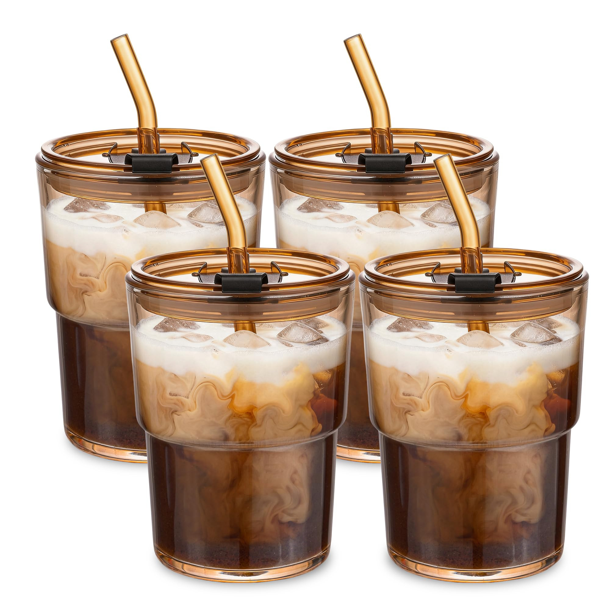 13oz Glass Tumbler with Straw and Lid, Leak Proof Iced Coffee Cup, Thick Wall BPA Free Drinking G... | Amazon (US)